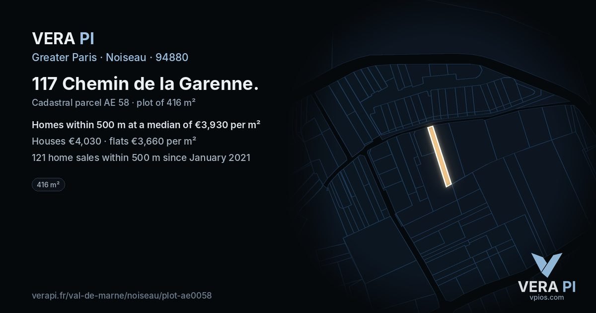 117 Chemin de la Garenne, Noiseau at night – the plot lit, the parcels around coloured by the prices near them