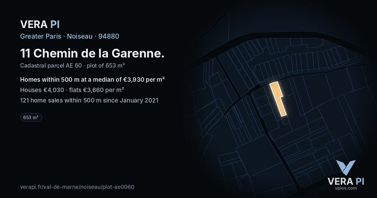 11 Chemin de la Garenne, Noiseau at night – the plot lit, the parcels around coloured by the prices near them