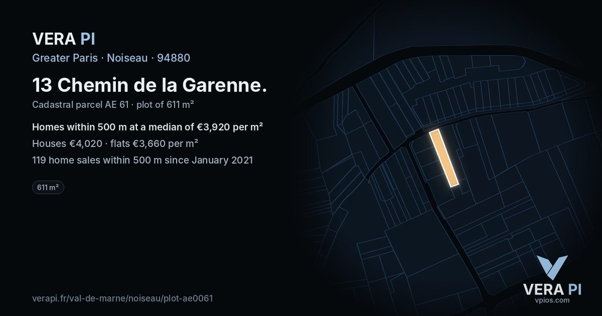 13 Chemin de la Garenne, Noiseau at night – the plot lit, the parcels around coloured by the prices near them