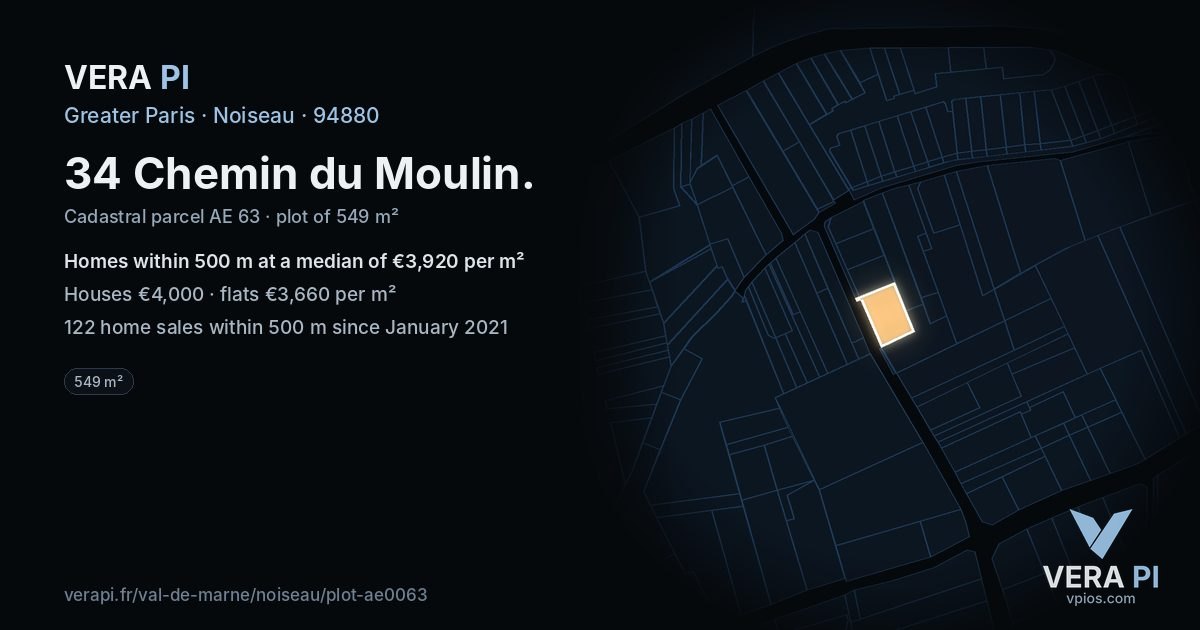 34 Chemin du Moulin, Noiseau at night – the plot lit, the parcels around coloured by the prices near them