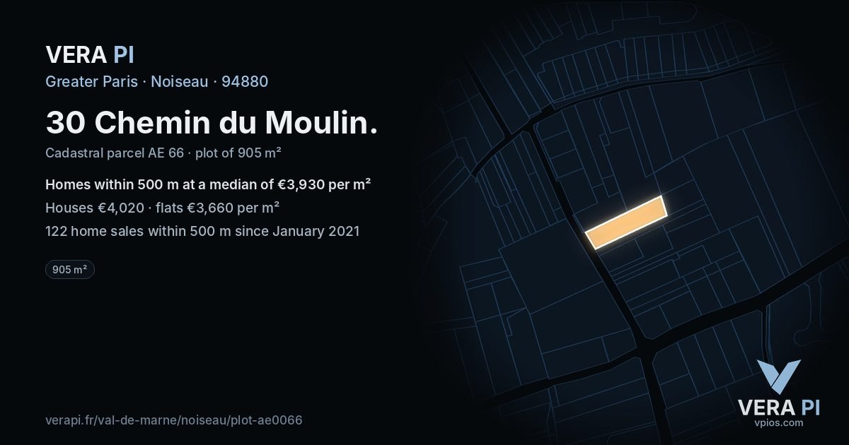 30 Chemin du Moulin, Noiseau at night – the plot lit, the parcels around coloured by the prices near them