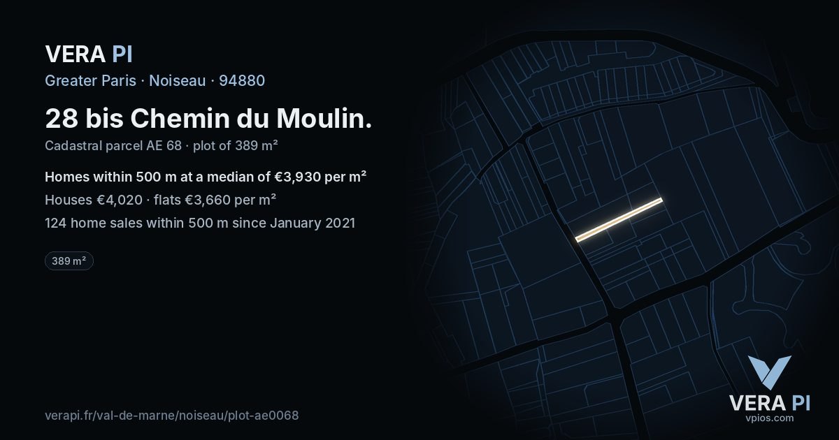 28 bis Chemin du Moulin, Noiseau at night – the plot lit, the parcels around coloured by the prices near them