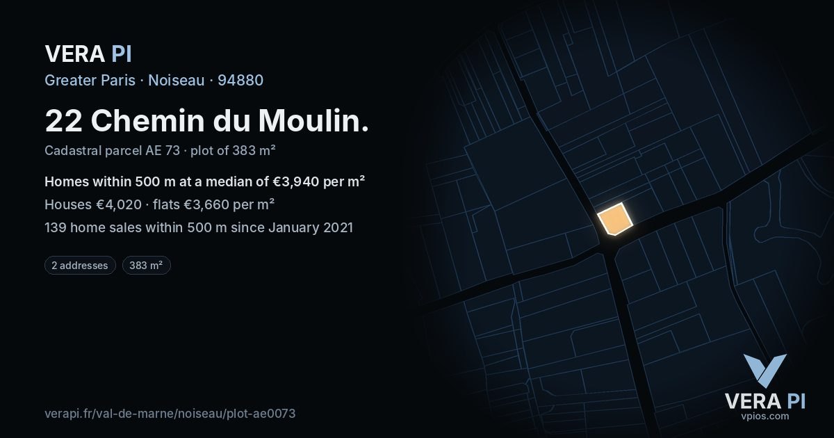 22 Chemin du Moulin, Noiseau at night – the plot lit, the parcels around coloured by the prices near them