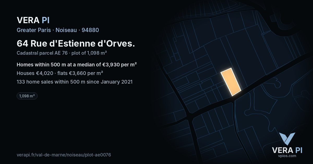 64 Rue d'Estienne d'Orves, Noiseau at night – the plot lit, the parcels around coloured by the prices near them