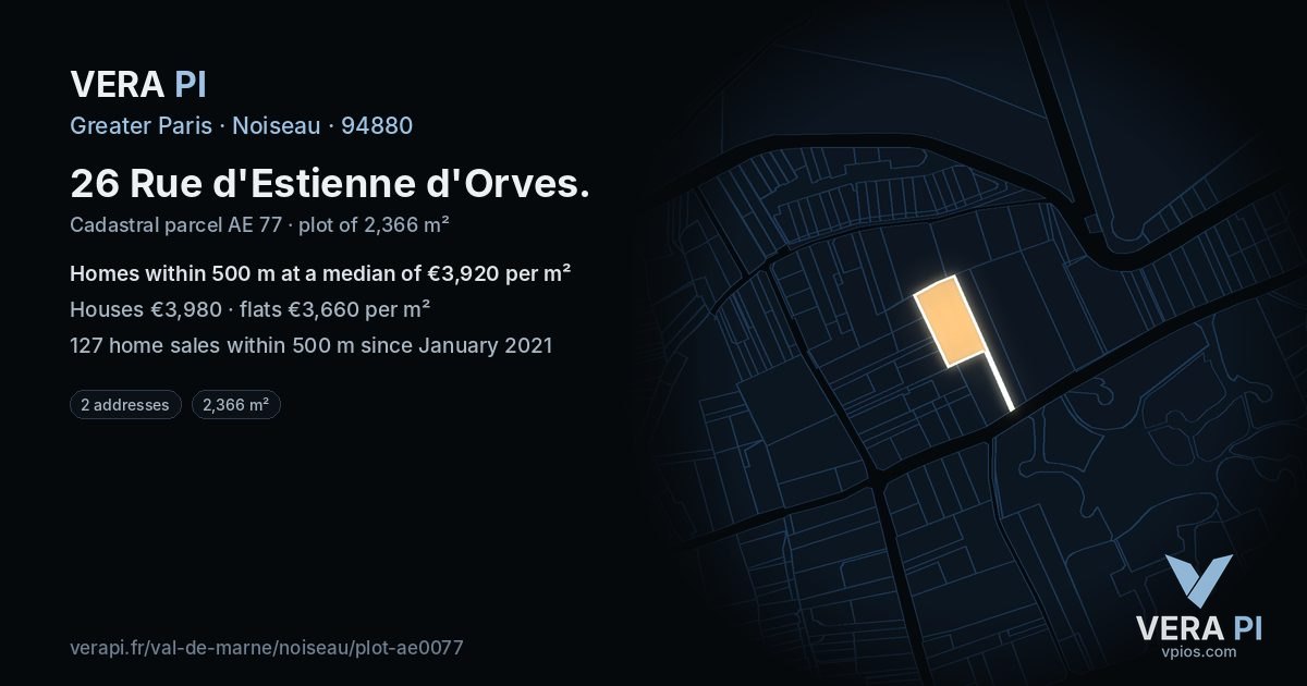 26 Rue d'Estienne d'Orves, Noiseau at night – the plot lit, the parcels around coloured by the prices near them