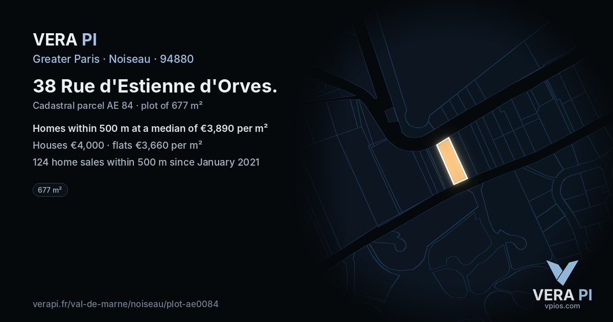 38 Rue d'Estienne d'Orves, Noiseau at night – the plot lit, the parcels around coloured by the prices near them