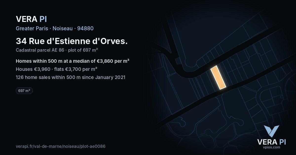 34 Rue d'Estienne d'Orves, Noiseau at night – the plot lit, the parcels around coloured by the prices near them