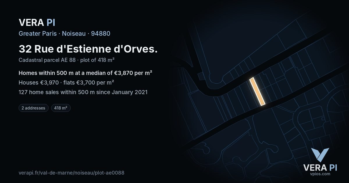 32 Rue d'Estienne d'Orves, Noiseau at night – the plot lit, the parcels around coloured by the prices near them