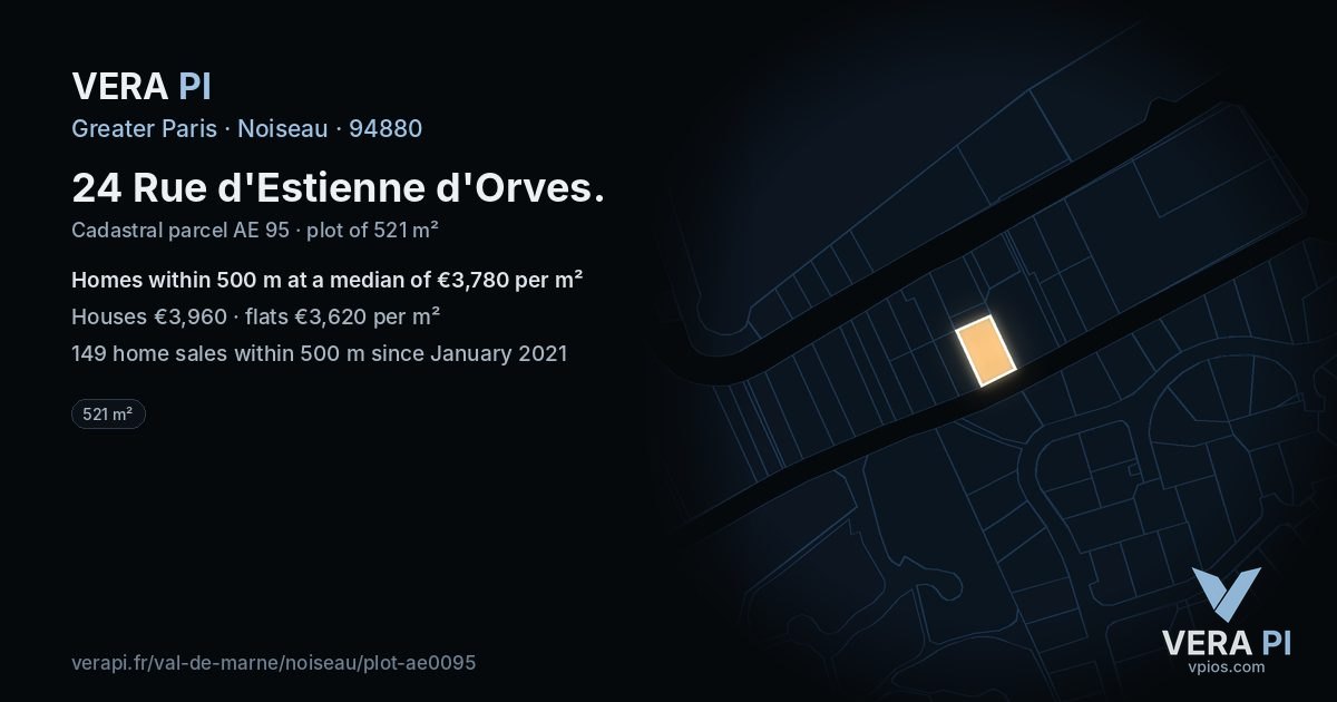 24 Rue d'Estienne d'Orves, Noiseau at night – the plot lit, the parcels around coloured by the prices near them