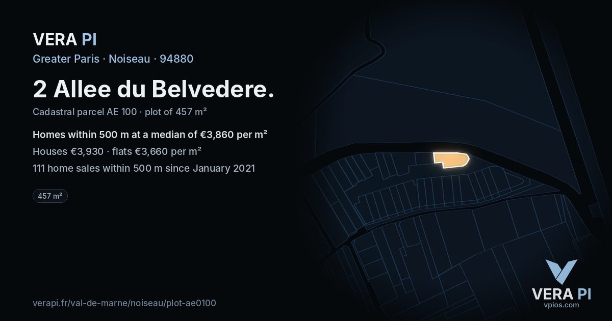 2 Allee du Belvedere, Noiseau at night – the plot lit, the parcels around coloured by the prices near them