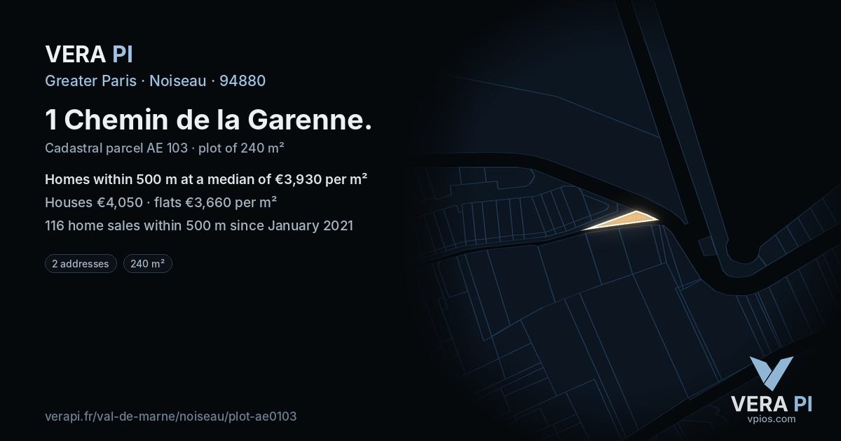 1 Chemin de la Garenne, Noiseau at night – the plot lit, the parcels around coloured by the prices near them