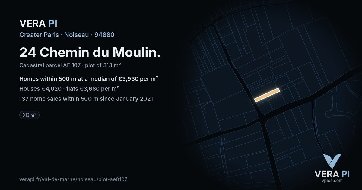 24 Chemin du Moulin, Noiseau at night – the plot lit, the parcels around coloured by the prices near them