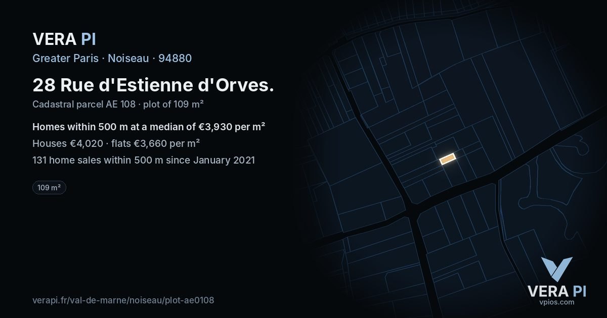 28 Rue d'Estienne d'Orves, Noiseau at night – the plot lit, the parcels around coloured by the prices near them