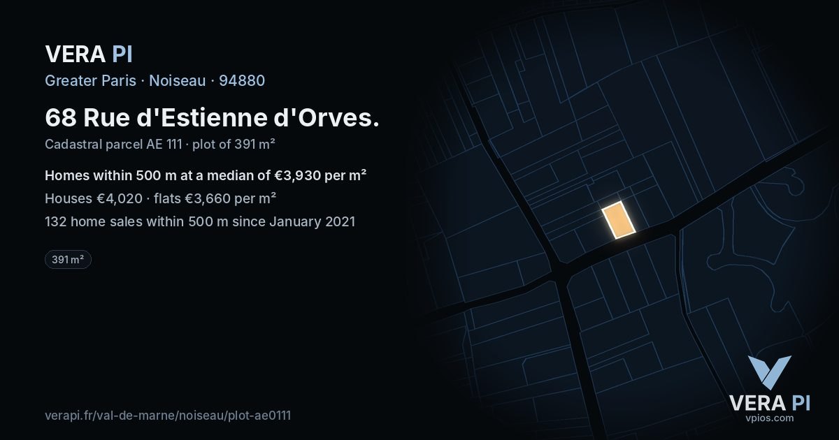68 Rue d'Estienne d'Orves, Noiseau at night – the plot lit, the parcels around coloured by the prices near them