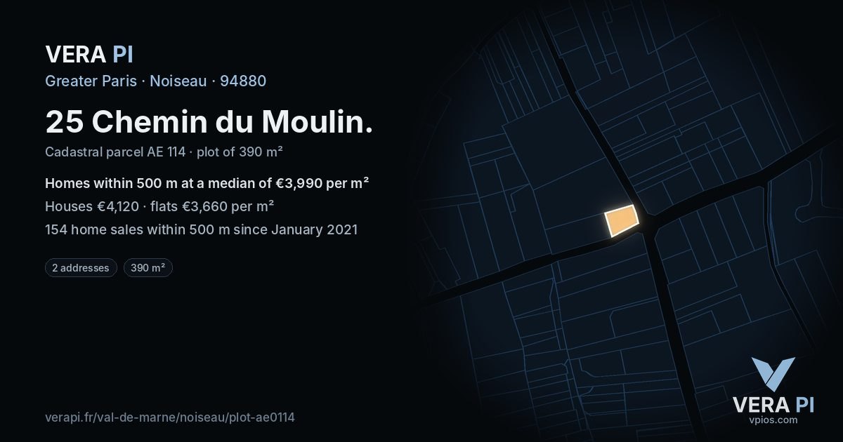 25 Chemin du Moulin, Noiseau at night – the plot lit, the parcels around coloured by the prices near them