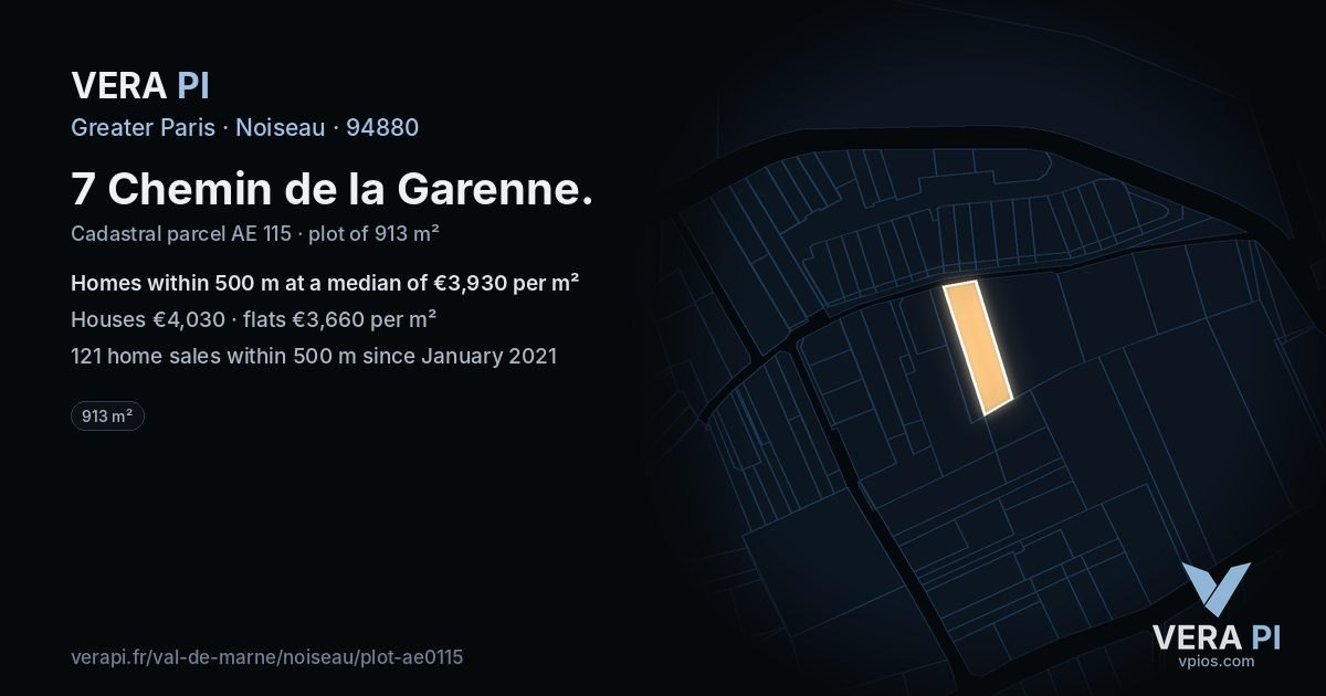7 Chemin de la Garenne, Noiseau at night – the plot lit, the parcels around coloured by the prices near them