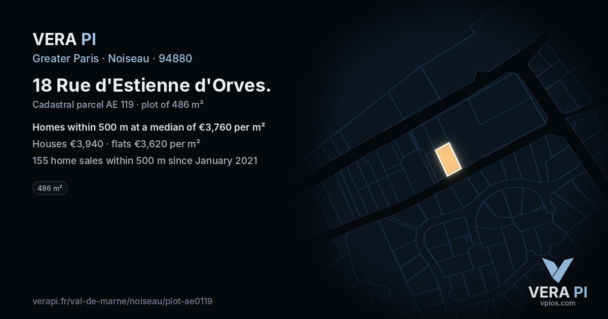 18 Rue d'Estienne d'Orves, Noiseau at night – the plot lit, the parcels around coloured by the prices near them
