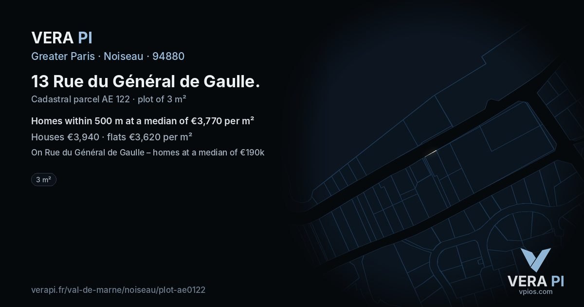 13 Rue du Général de Gaulle, Noiseau at night – the plot lit, the parcels around coloured by the prices near them