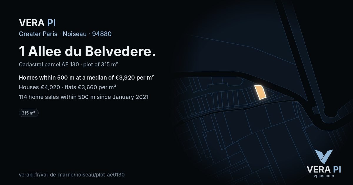 1 Allee du Belvedere, Noiseau at night – the plot lit, the parcels around coloured by the prices near them