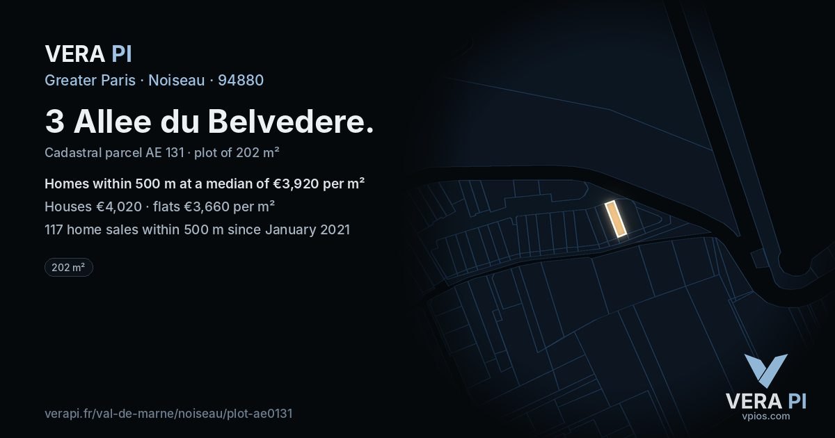 3 Allee du Belvedere, Noiseau at night – the plot lit, the parcels around coloured by the prices near them