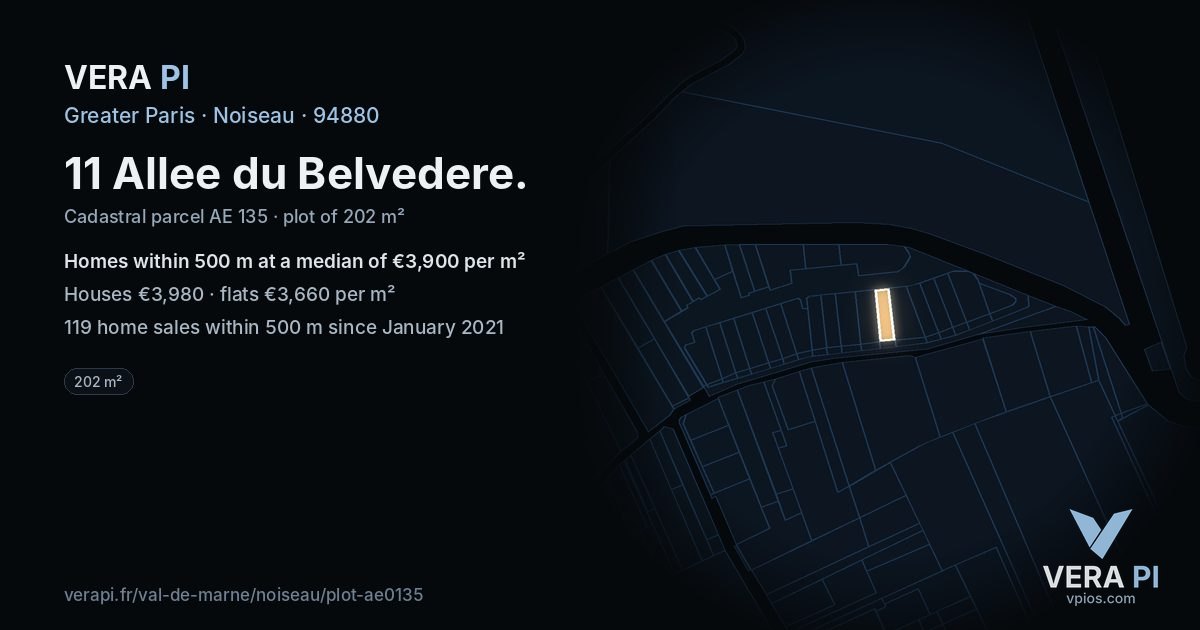 11 Allee du Belvedere, Noiseau at night – the plot lit, the parcels around coloured by the prices near them