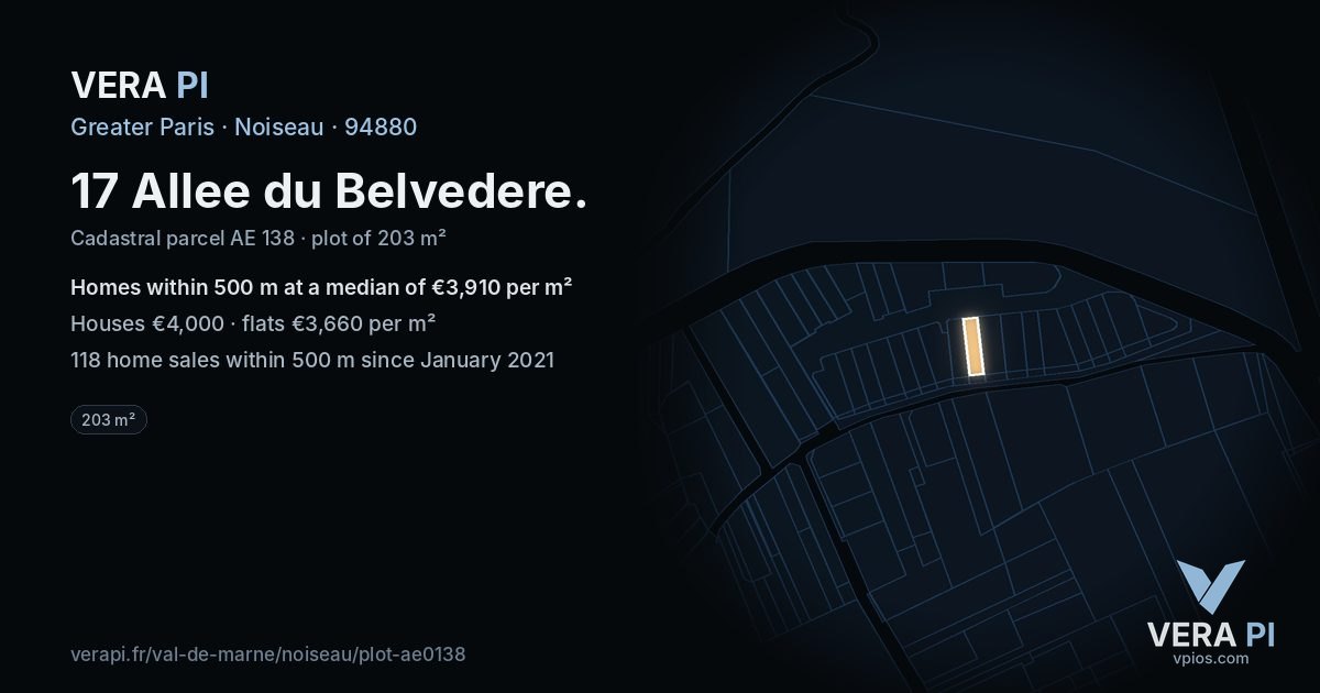 17 Allee du Belvedere, Noiseau at night – the plot lit, the parcels around coloured by the prices near them