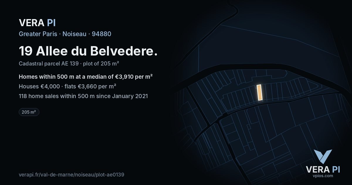 19 Allee du Belvedere, Noiseau at night – the plot lit, the parcels around coloured by the prices near them
