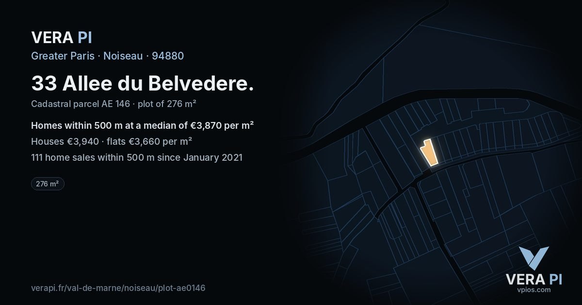 33 Allee du Belvedere, Noiseau at night – the plot lit, the parcels around coloured by the prices near them