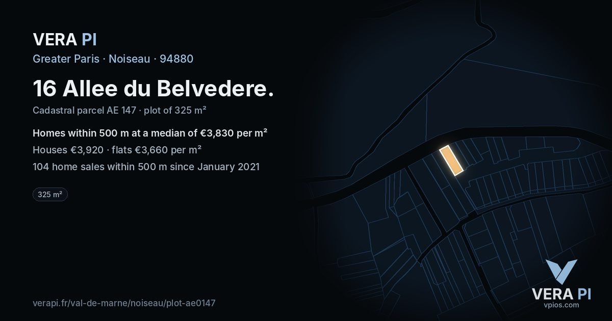 16 Allee du Belvedere, Noiseau at night – the plot lit, the parcels around coloured by the prices near them