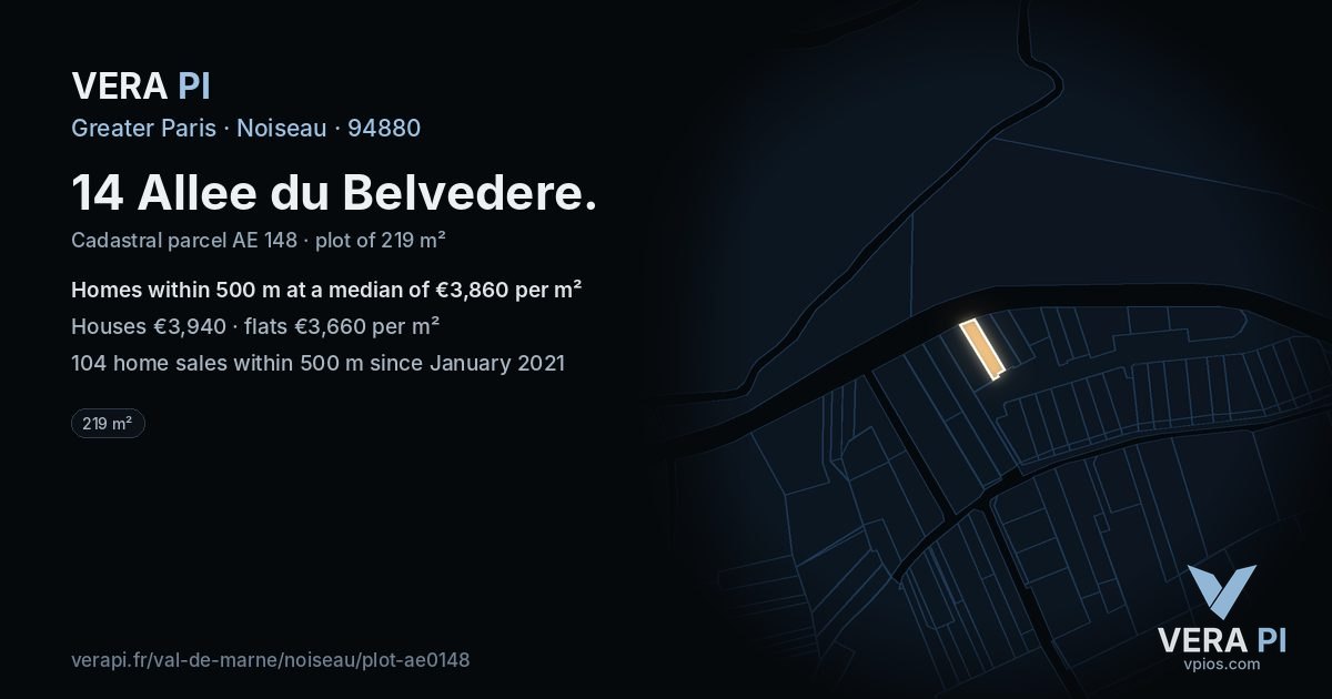 14 Allee du Belvedere, Noiseau at night – the plot lit, the parcels around coloured by the prices near them