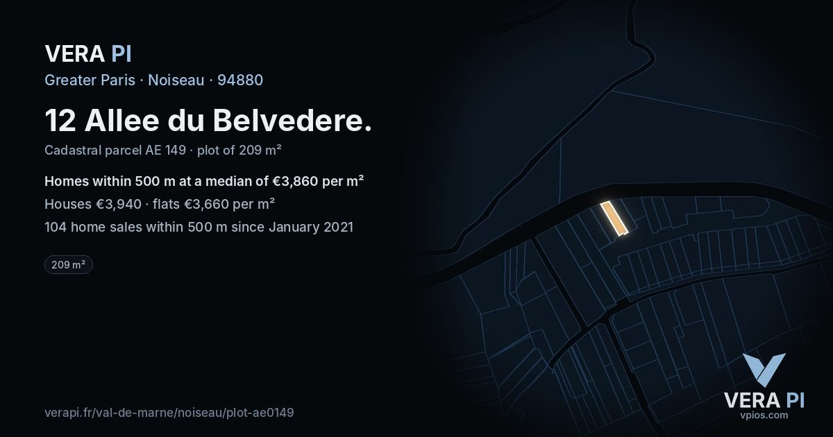 12 Allee du Belvedere, Noiseau at night – the plot lit, the parcels around coloured by the prices near them