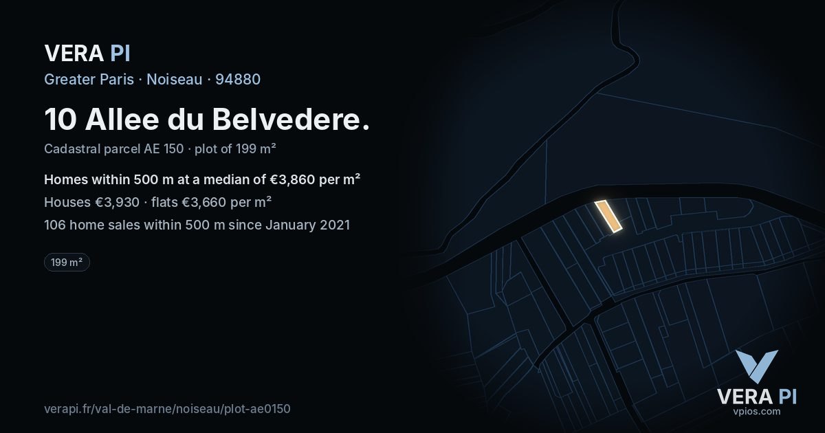 10 Allee du Belvedere, Noiseau at night – the plot lit, the parcels around coloured by the prices near them
