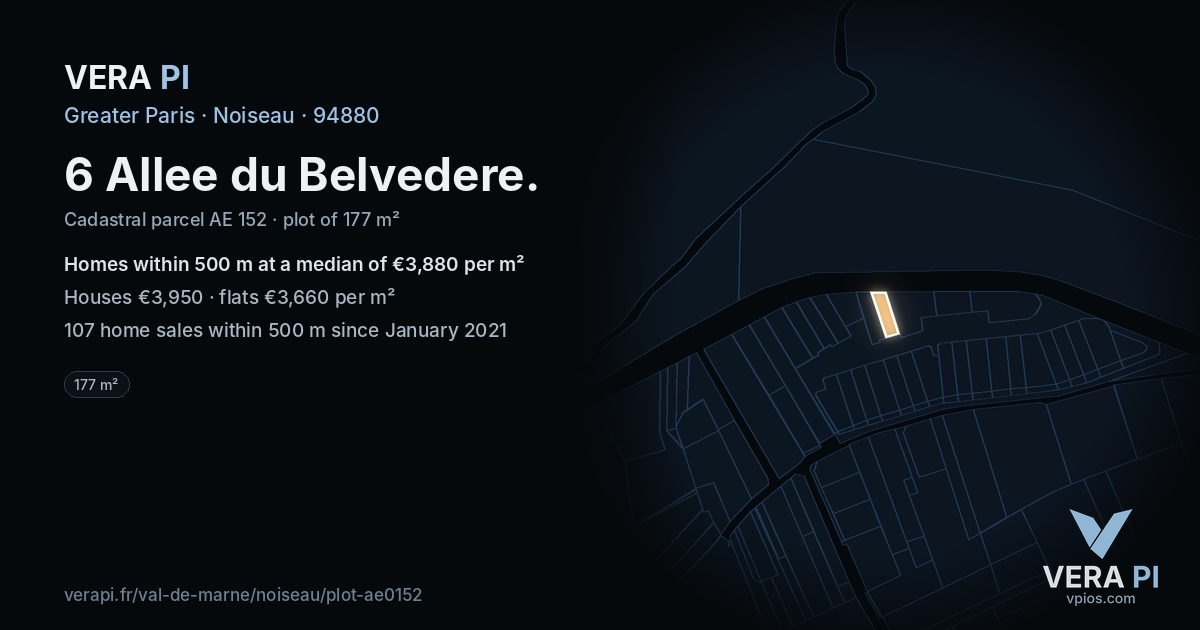 6 Allee du Belvedere, Noiseau at night – the plot lit, the parcels around coloured by the prices near them