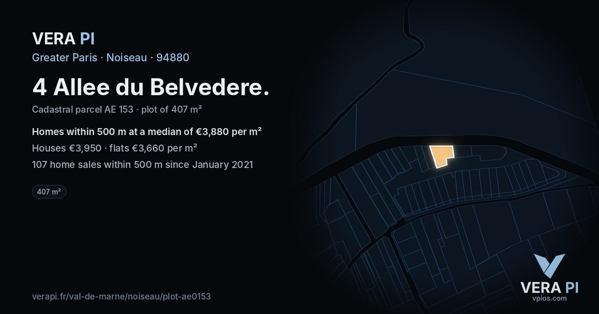 4 Allee du Belvedere, Noiseau at night – the plot lit, the parcels around coloured by the prices near them