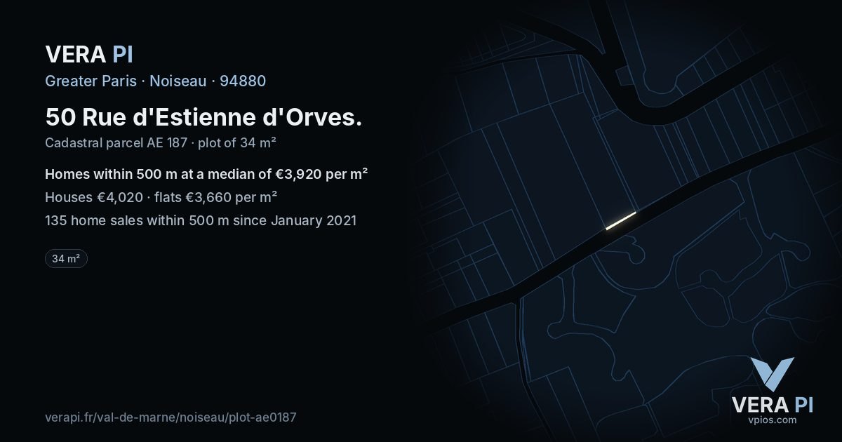 50 Rue d'Estienne d'Orves, Noiseau at night – the plot lit, the parcels around coloured by the prices near them