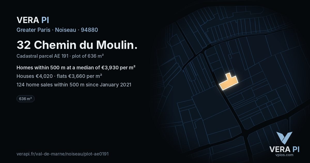 32 Chemin du Moulin, Noiseau at night – the plot lit, the parcels around coloured by the prices near them