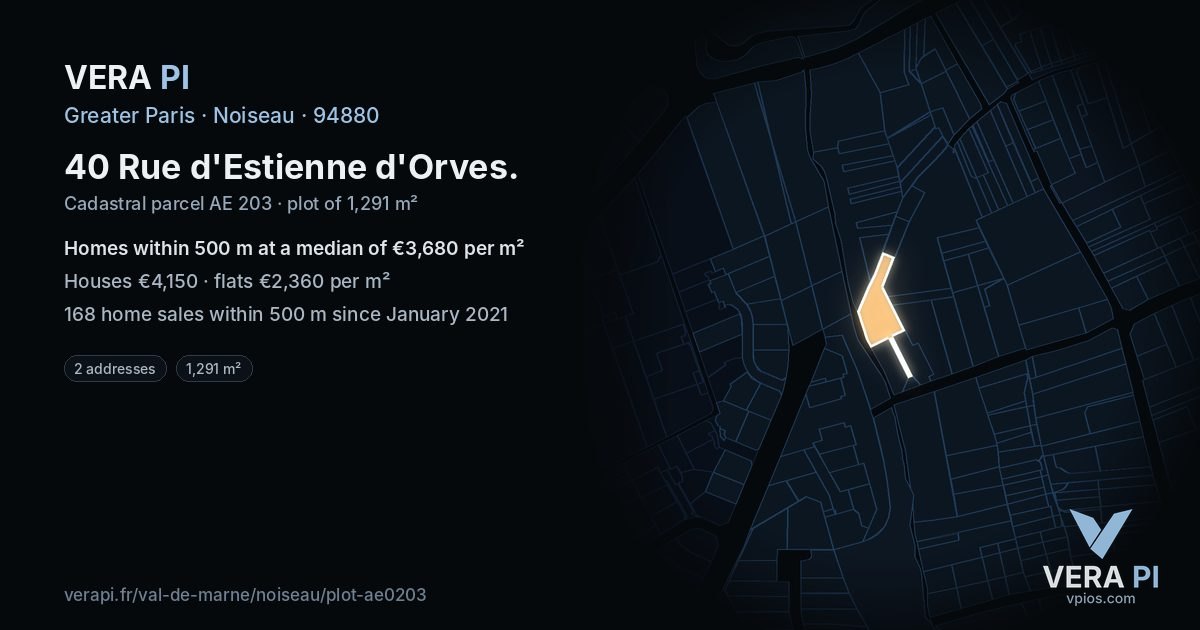 40 Rue d'Estienne d'Orves, Noiseau at night – the plot lit, the parcels around coloured by the prices near them