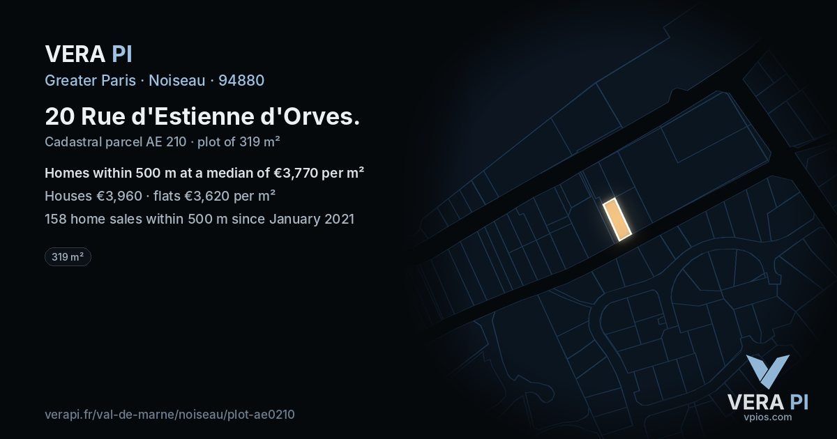 20 Rue d'Estienne d'Orves, Noiseau at night – the plot lit, the parcels around coloured by the prices near them
