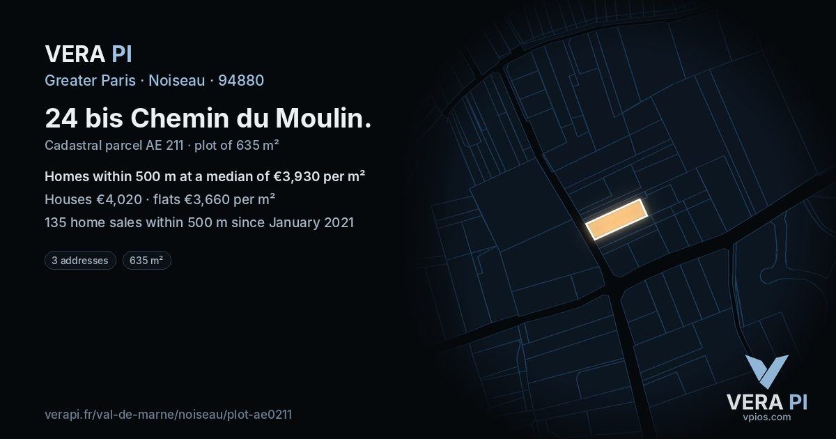 24 bis Chemin du Moulin, Noiseau at night – the plot lit, the parcels around coloured by the prices near them
