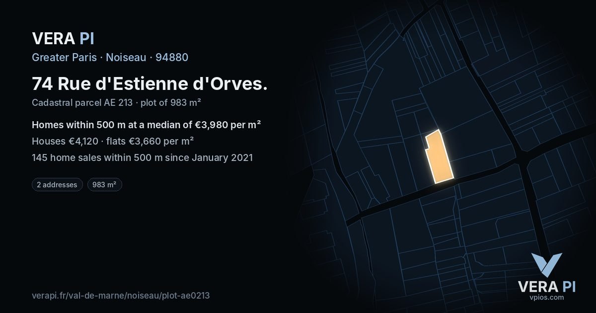 74 Rue d'Estienne d'Orves, Noiseau at night – the plot lit, the parcels around coloured by the prices near them