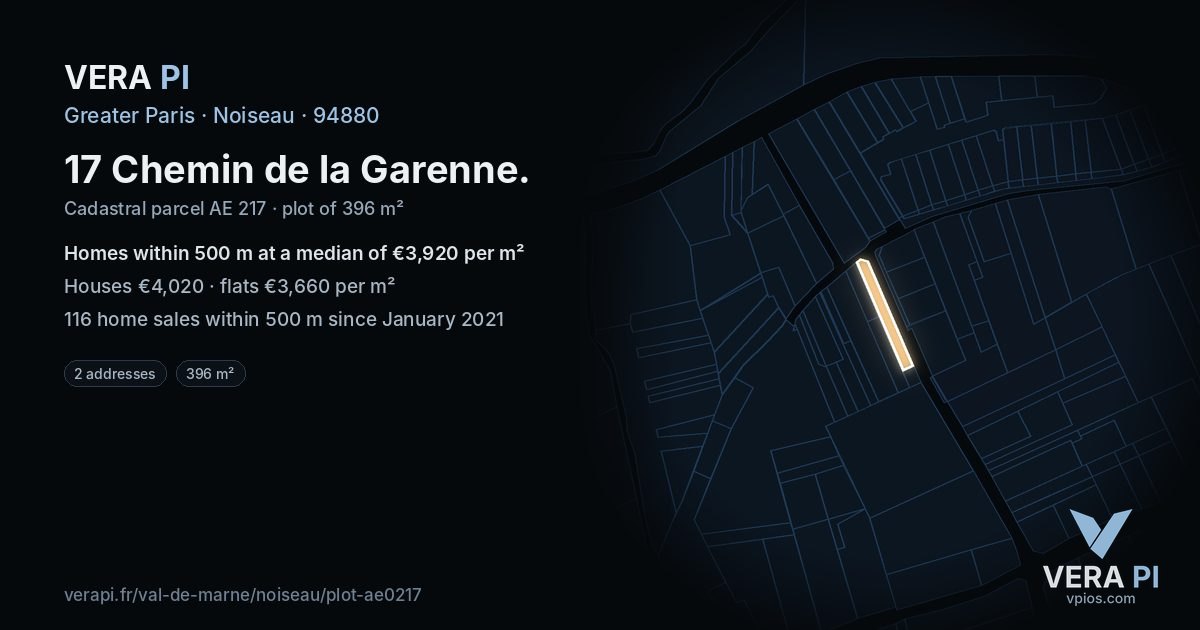 17 Chemin de la Garenne, Noiseau at night – the plot lit, the parcels around coloured by the prices near them