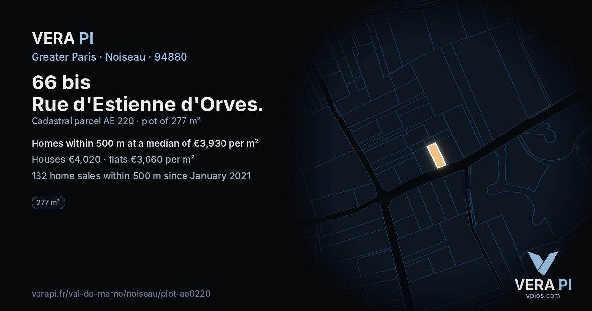 66 bis Rue d'Estienne d'Orves, Noiseau at night – the plot lit, the parcels around coloured by the prices near them