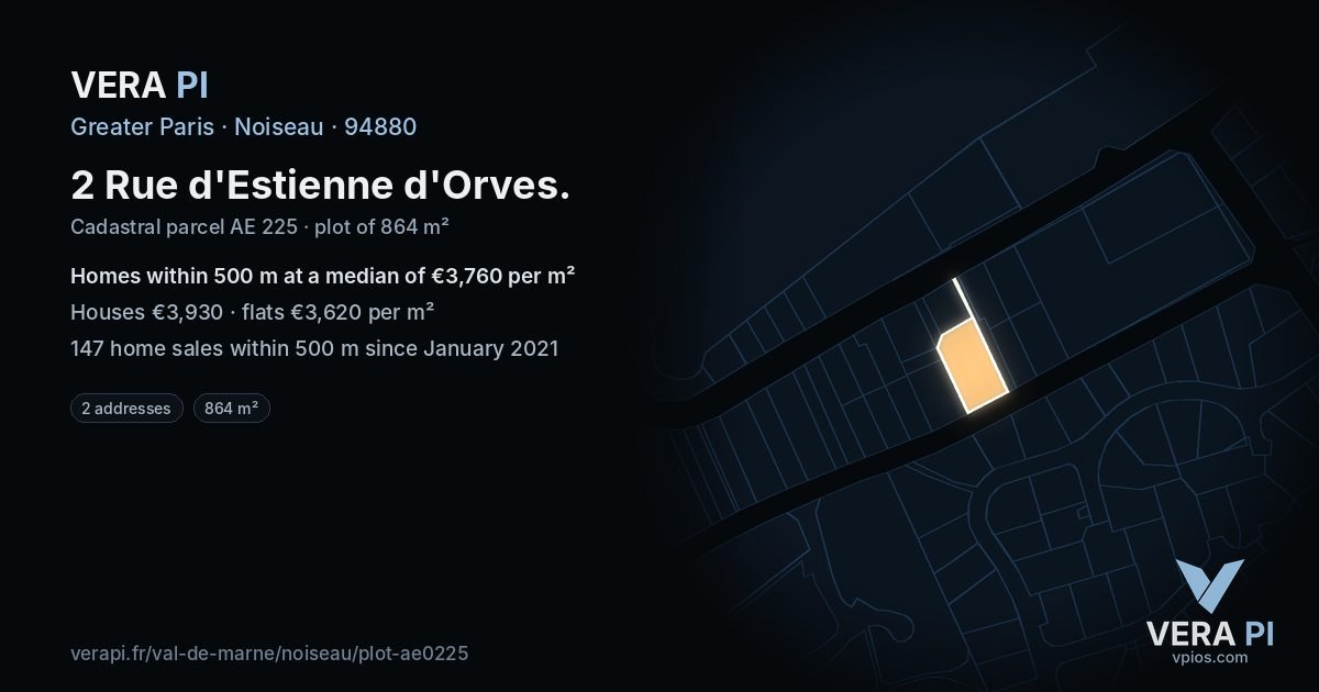 2 Rue d'Estienne d'Orves, Noiseau at night – the plot lit, the parcels around coloured by the prices near them