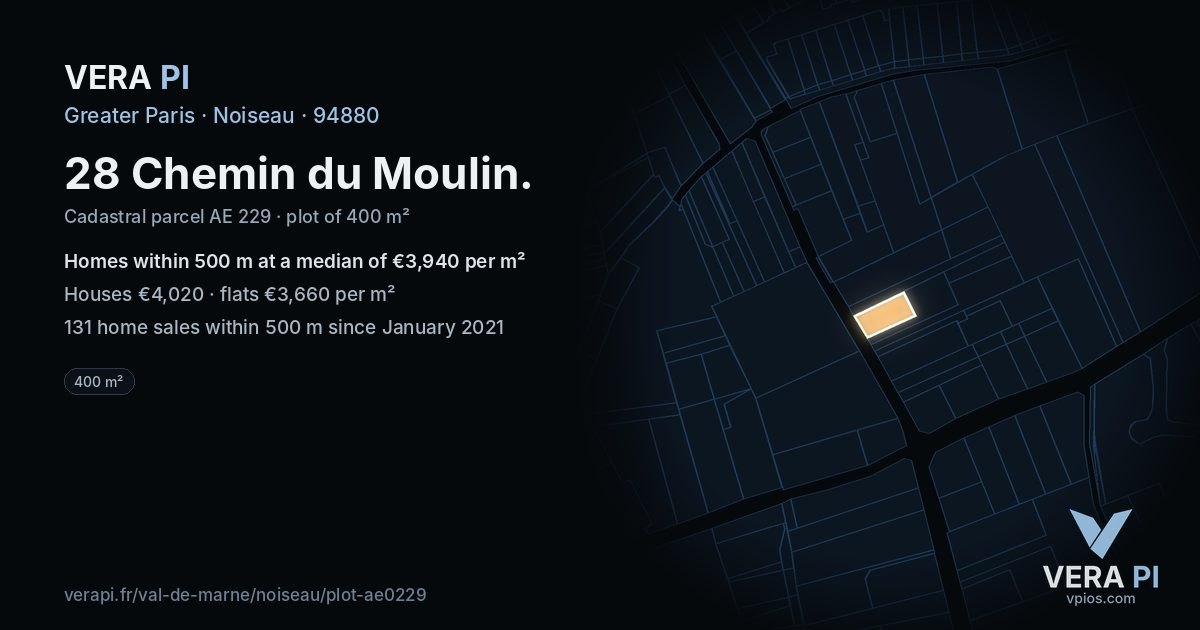 28 Chemin du Moulin, Noiseau at night – the plot lit, the parcels around coloured by the prices near them