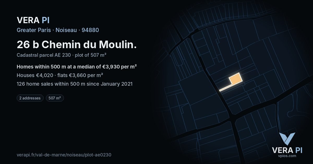 26 b Chemin du Moulin, Noiseau at night – the plot lit, the parcels around coloured by the prices near them