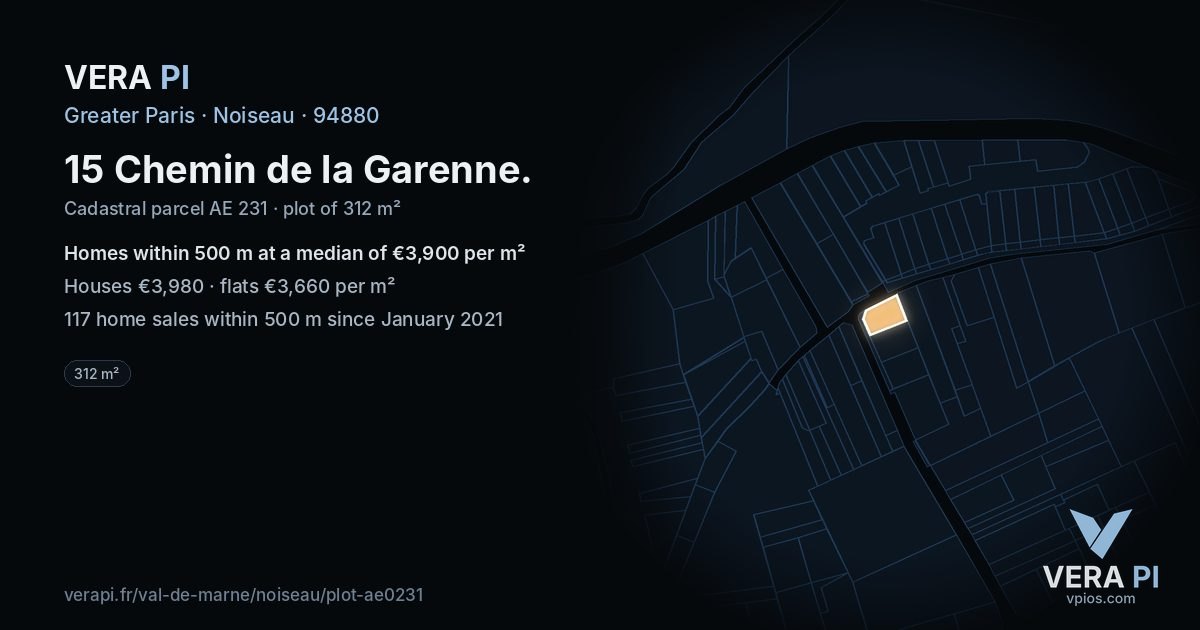 15 Chemin de la Garenne, Noiseau at night – the plot lit, the parcels around coloured by the prices near them