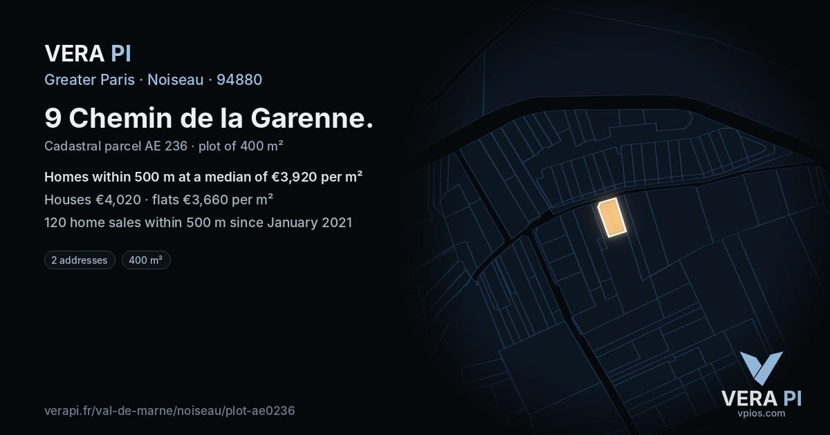 9 Chemin de la Garenne, Noiseau at night – the plot lit, the parcels around coloured by the prices near them