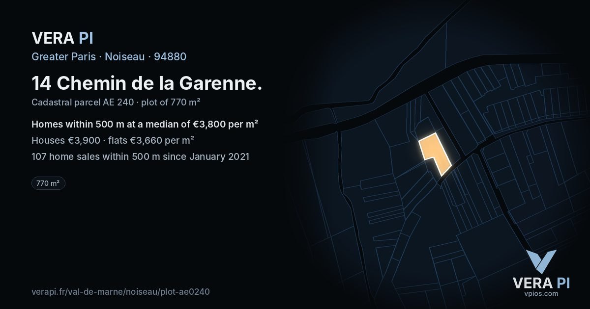 14 Chemin de la Garenne, Noiseau at night – the plot lit, the parcels around coloured by the prices near them