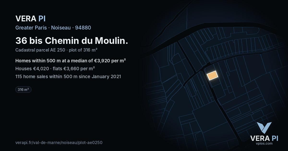 36 bis Chemin du Moulin, Noiseau at night – the plot lit, the parcels around coloured by the prices near them