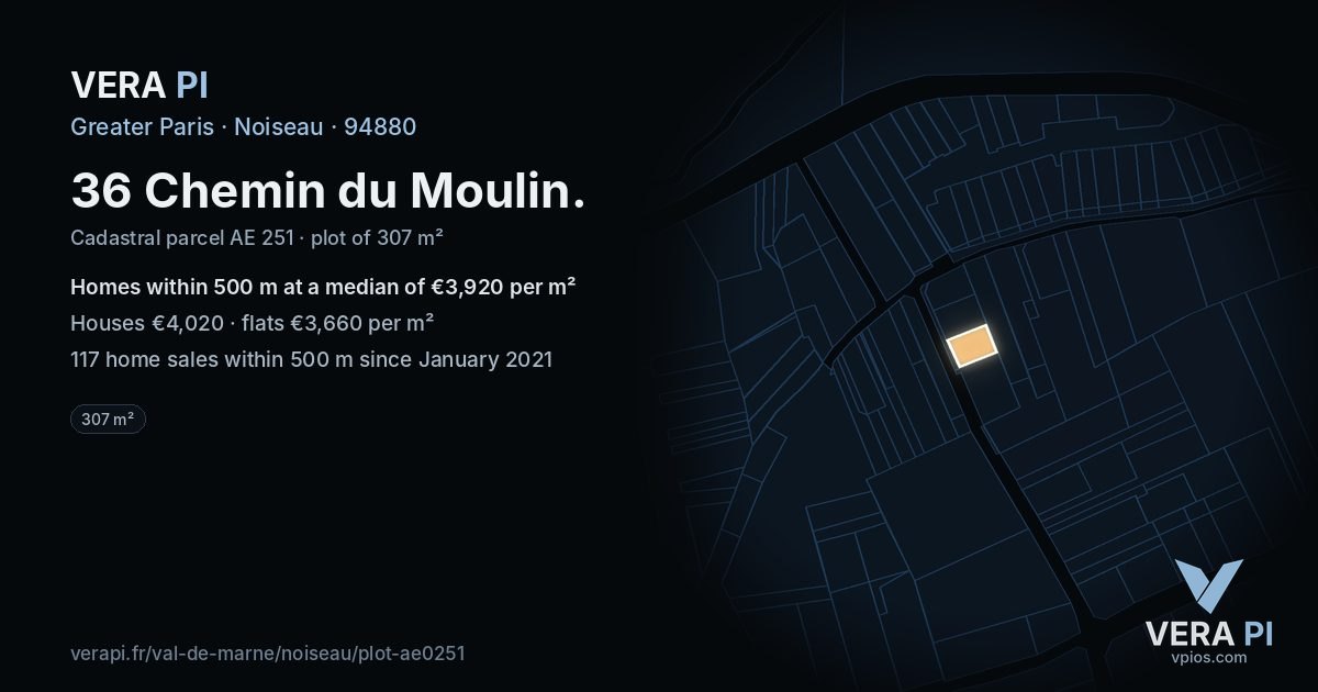 36 Chemin du Moulin, Noiseau at night – the plot lit, the parcels around coloured by the prices near them